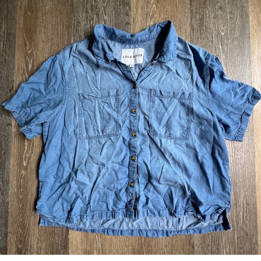 Lola River Button Down Shirt Womens Large Blue Short Sleeve Boxy Chambray Top